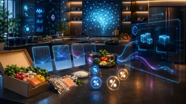 Smart kitchen with meal kit ingredients and glowing promo analytics on futuristic screens