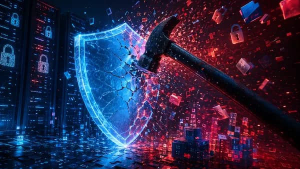 Cracked blue cyber shield over servers symbolizing a ransomware exploit against security defenses.
