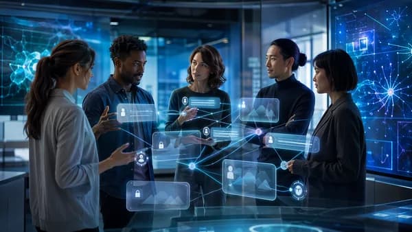 People in a futuristic hub surrounded by glowing private chat bubbles and safety shields.