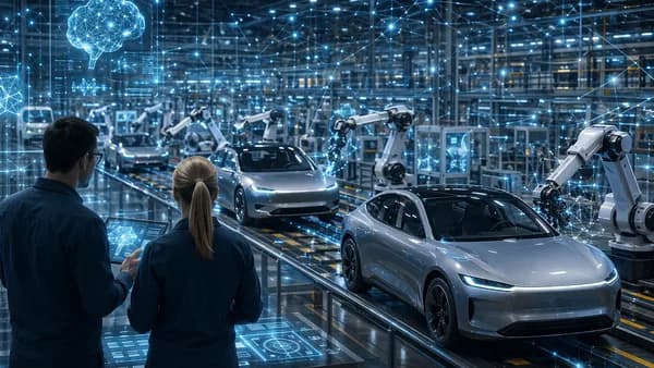 AI-powered smart factory with unbadged luxury cars, robotics, holographic data, and neural networks.