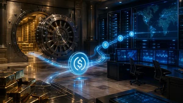Bank custody vault with glowing digital stablecoin tokens and secure payment rails