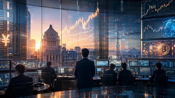 Tokyo trading floor with rising market charts symbolizing BoJ rate hikes and inflation risk