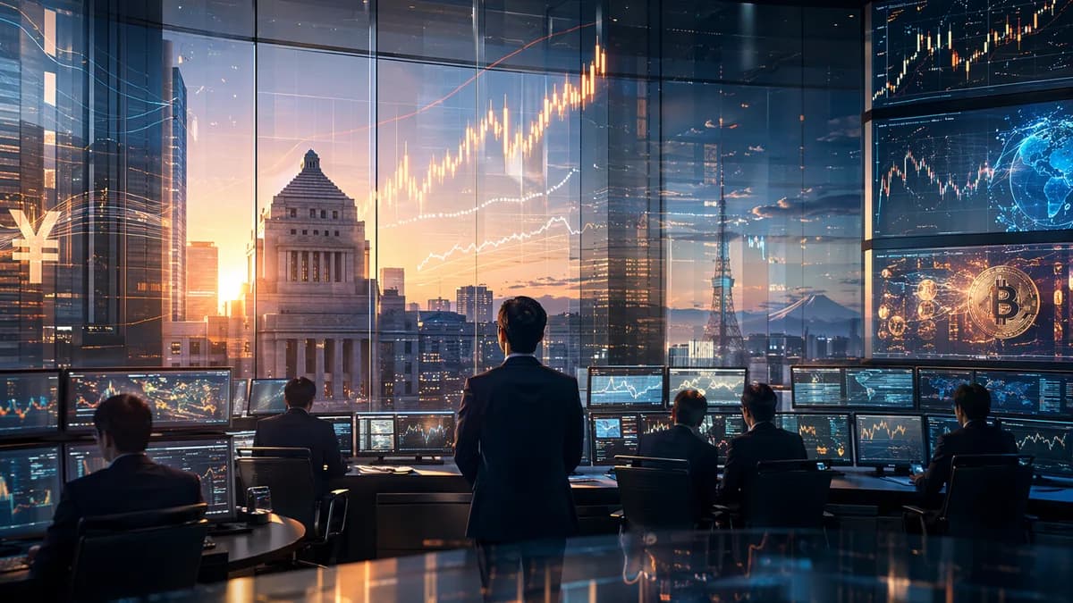 Tokyo trading floor with rising market charts symbolizing BoJ rate hikes and inflation risk