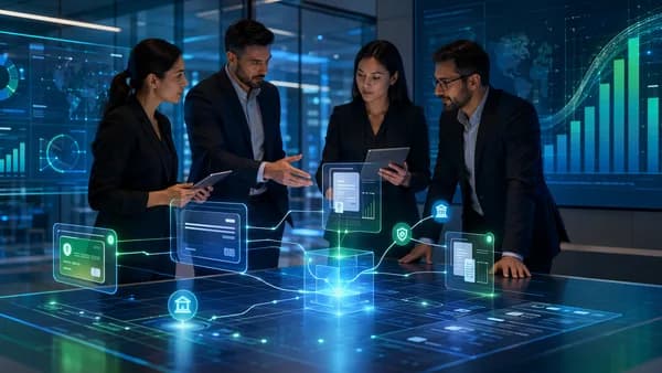 Fintech team reviews abstract B2B payment flows and savings dashboards in a modern finance operations room.