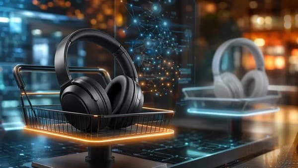 Premium wireless headphones in a futuristic tech shopping scene, suggesting a smart sale purchase.