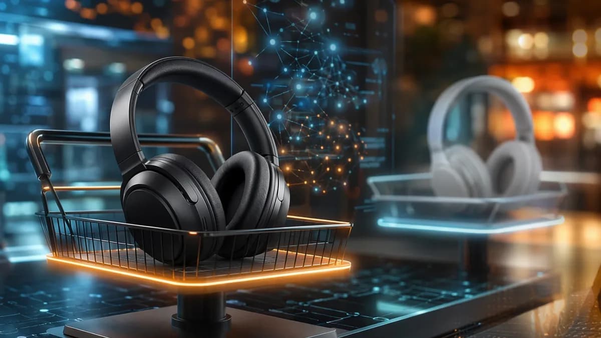 Premium wireless headphones in a futuristic tech shopping scene, suggesting a smart sale purchase.