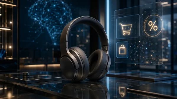 Premium wireless headphones on a futuristic tech desk with glowing screens and discount-themed visuals