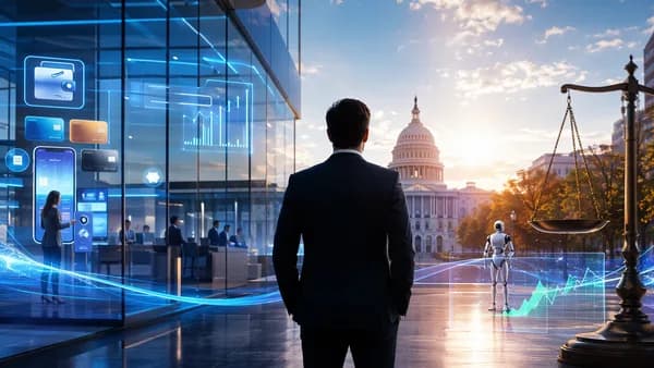 Banking executive silhouette between digital finance and Washington regulation symbols