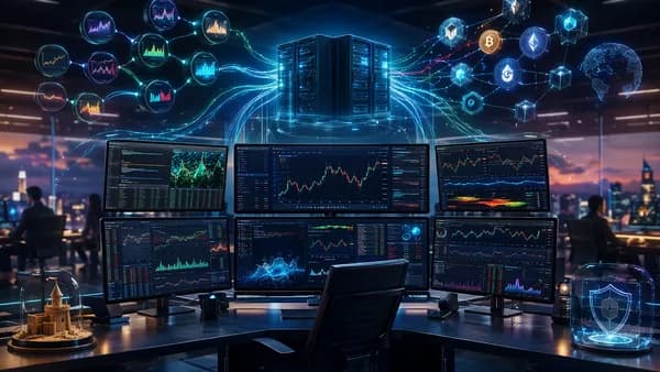 Algorithmic trading workstation with broker API data streams, market charts, and trading floor visuals.