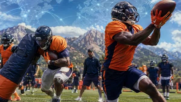 Two generic football running backs compete at Denver training camp with global map connections in background.