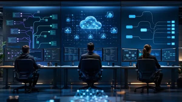 Futuristic developer workspace comparing Git control, cloud scale, and lean API workflows.