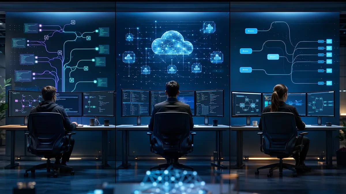 Futuristic developer workspace comparing Git control, cloud scale, and lean API workflows.