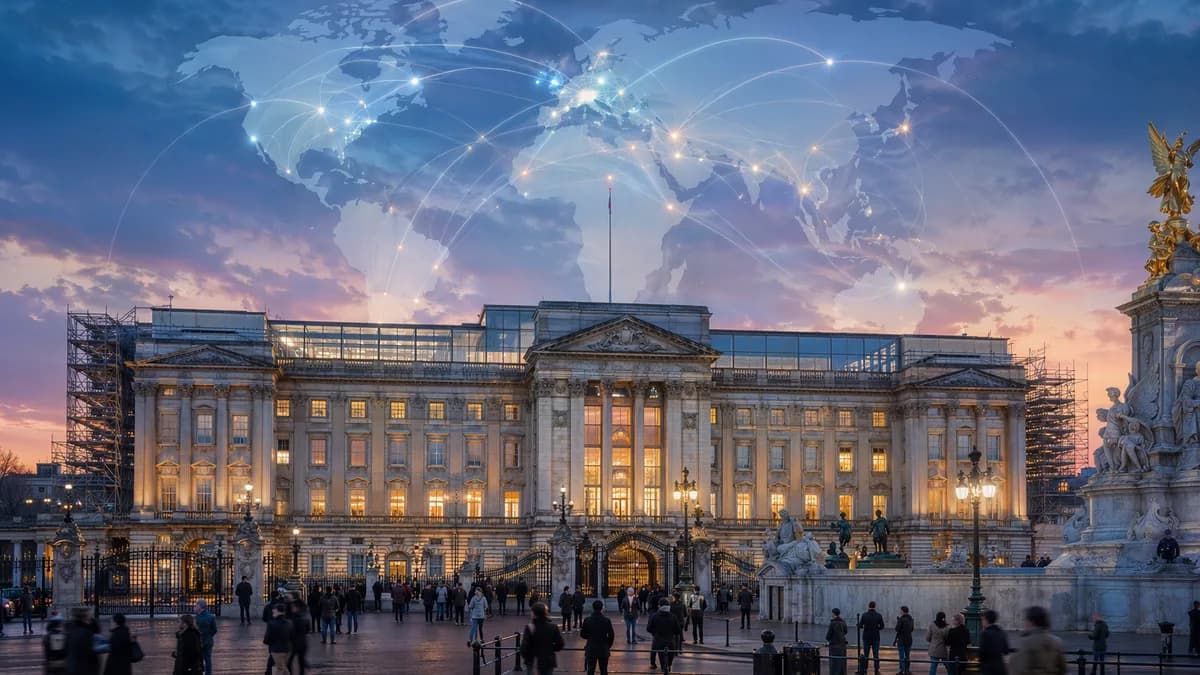 Buckingham Palace depicted as a modern state headquarters with visitors and global connection overlays.