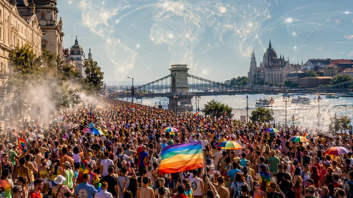Budapest Pride crowd marches in extreme heat with rainbow flags and global map connections overhead.