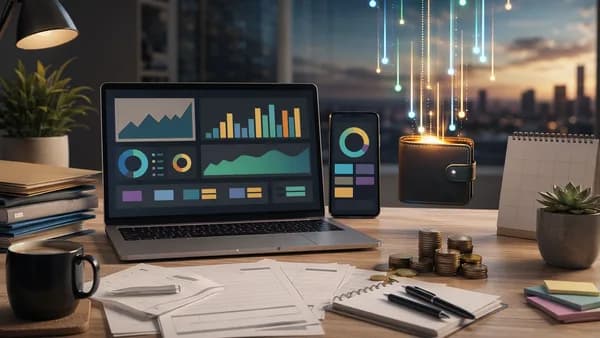 Freelancer desk with abstract budget app, invoices, and uneven digital payment streams