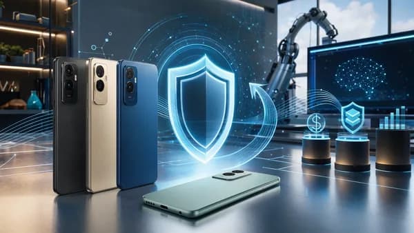Budget smartphones in a futuristic tech workspace with abstract update and security visuals.