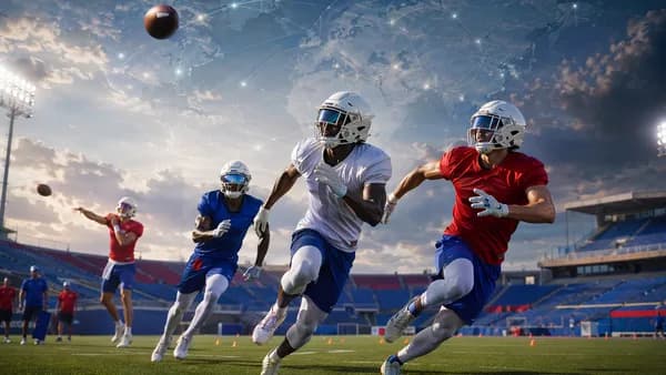Three football receivers compete for a pass at training camp with a global map motif in the stadium sky.
