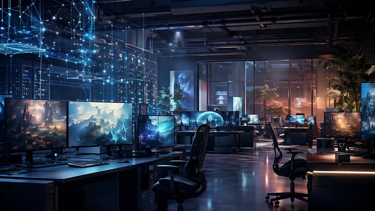 Empty futuristic game studio workspace with glowing screens and neural network visuals after layoffs.