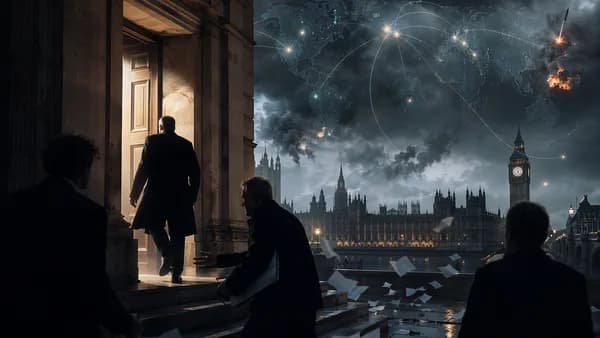 Silhouetted ministers near parliament under a glowing world map, suggesting political uncertainty.