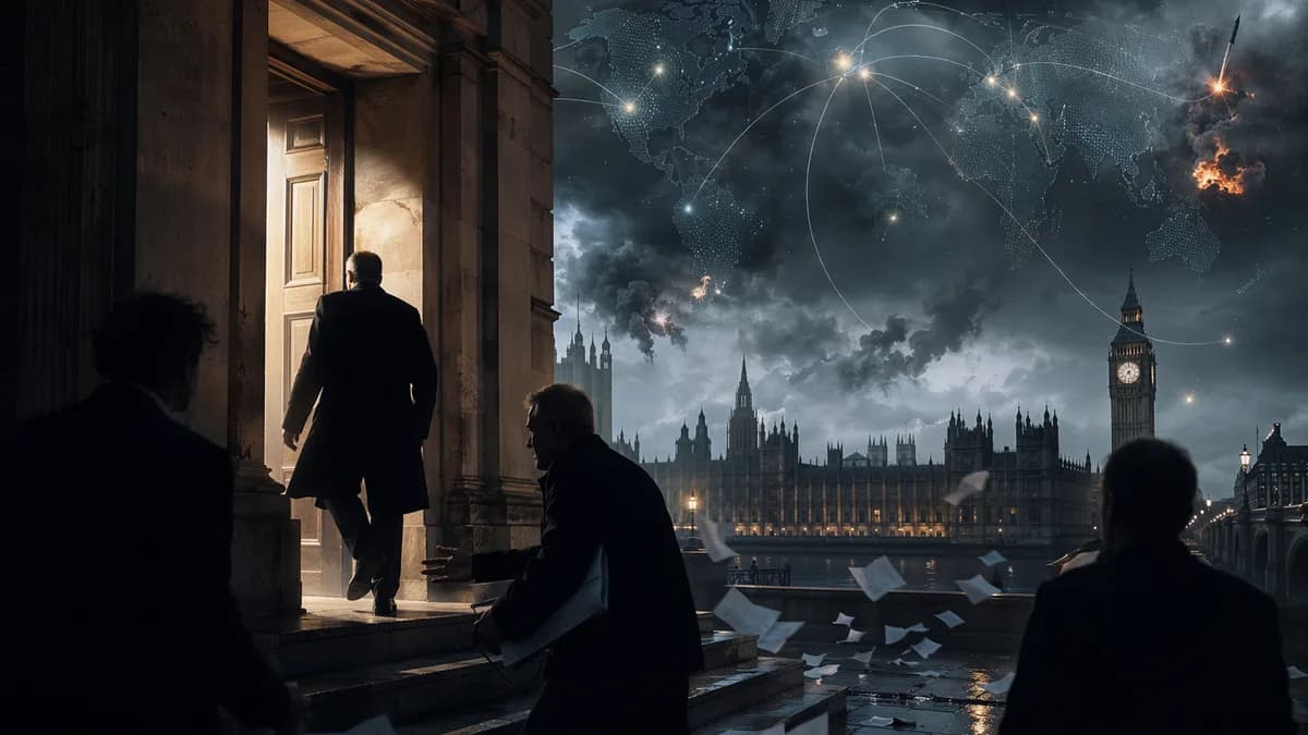 Silhouetted ministers near parliament under a glowing world map, suggesting political uncertainty.