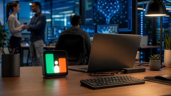 Minimal desk setup with a glowing productivity display signaling focus in a futuristic office.