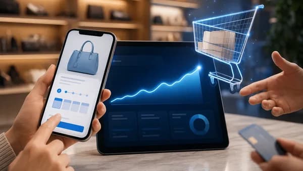 BNPL checkout concept with smartphone, shopping cart, and merchant growth dashboard in a fintech setting
