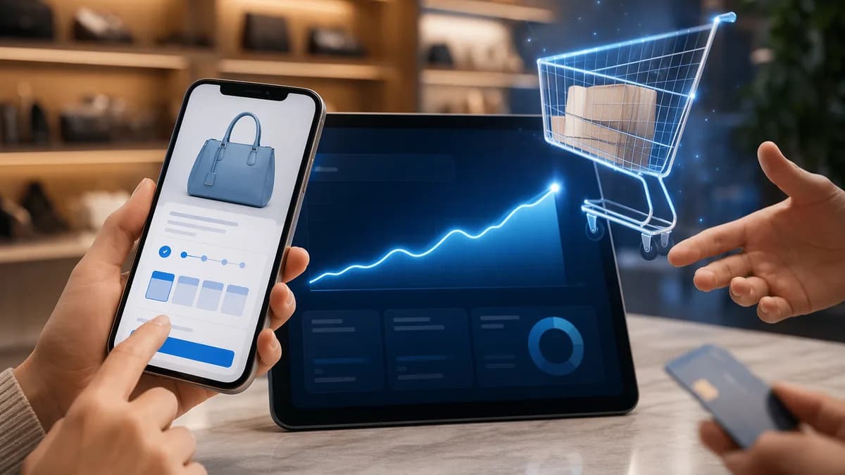 BNPL checkout concept with smartphone, shopping cart, and merchant growth dashboard in a fintech setting