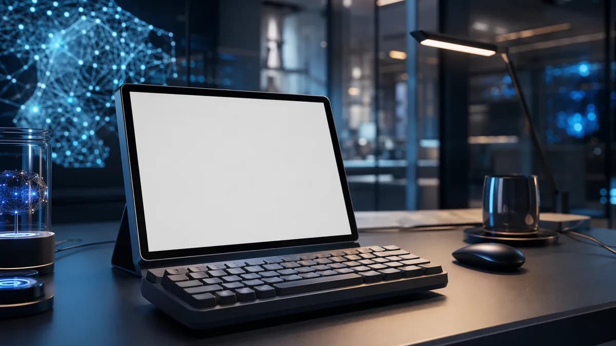 Minimal writing device and keyboard in a futuristic distraction-free workspace