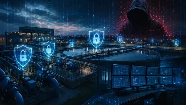 Cybersecurity concept showing protected water utility infrastructure under a claimed hacker breach