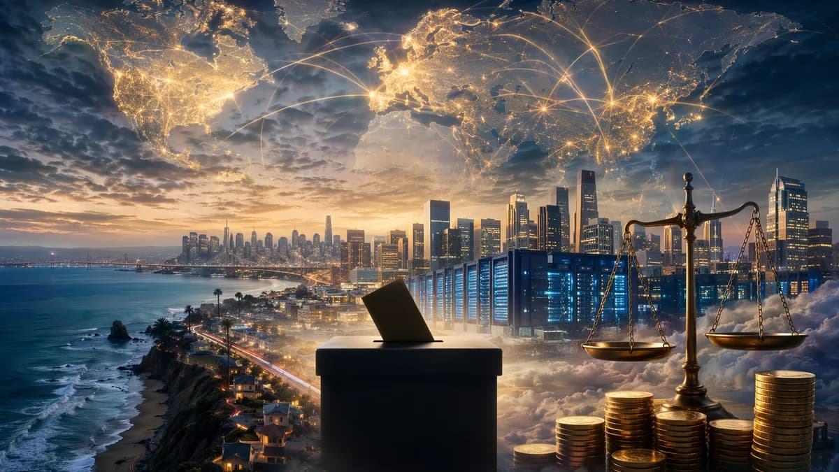 California wealth tax debate visual with Silicon Valley, global map, ballot box, and scales.