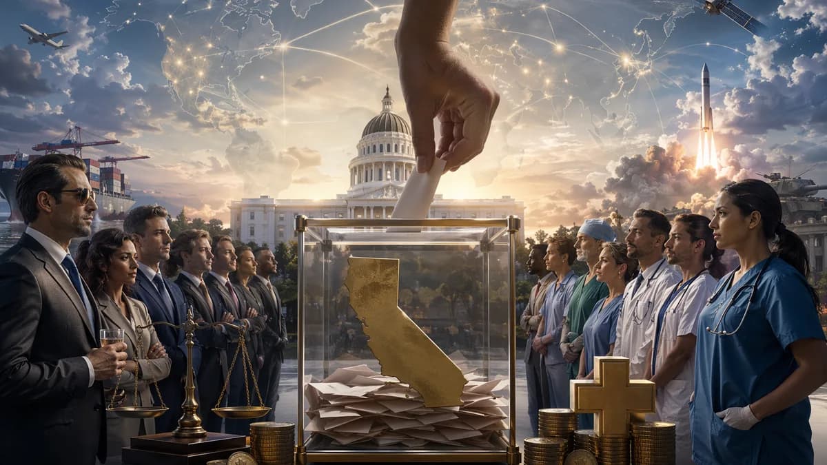 California ballot box with wealth, healthcare, and global policy symbolism