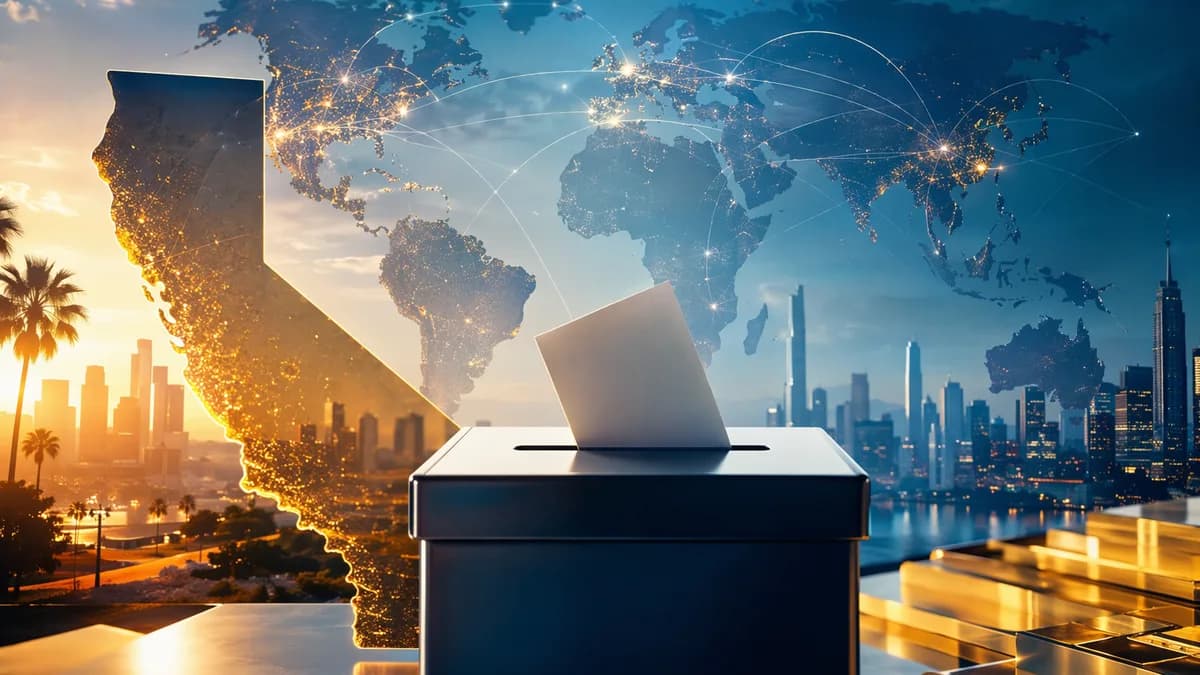 Ballot box before a California silhouette and glowing world map, symbolizing a billionaire tax vote.