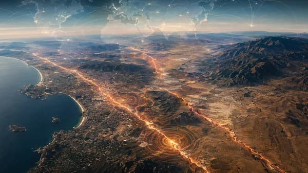 Southern California fault lines glowing under seismic stress with global map connections