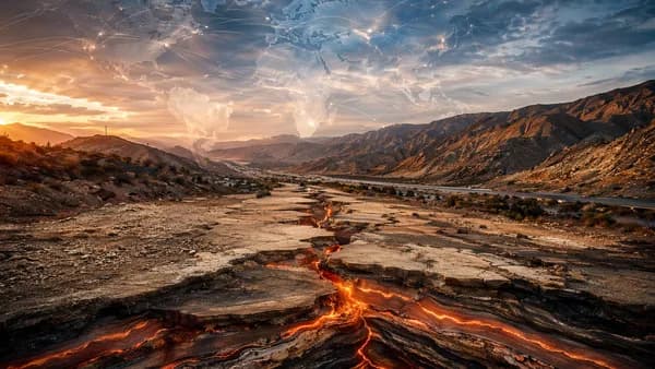Cinematic California fault lines with glowing seismic stress and a faint global map overlay.