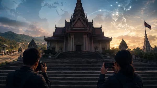 Cambodian court scene with two journalists, cameras, border landscape, and global connection map.
