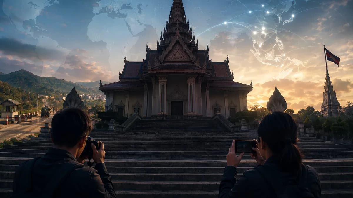 Cambodian court scene with two journalists, cameras, border landscape, and global connection map.