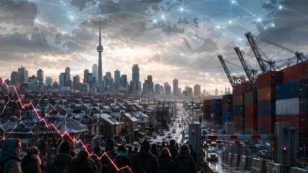 Canada economy under strain with homes, port trade, skyline, and global connections on a world map.