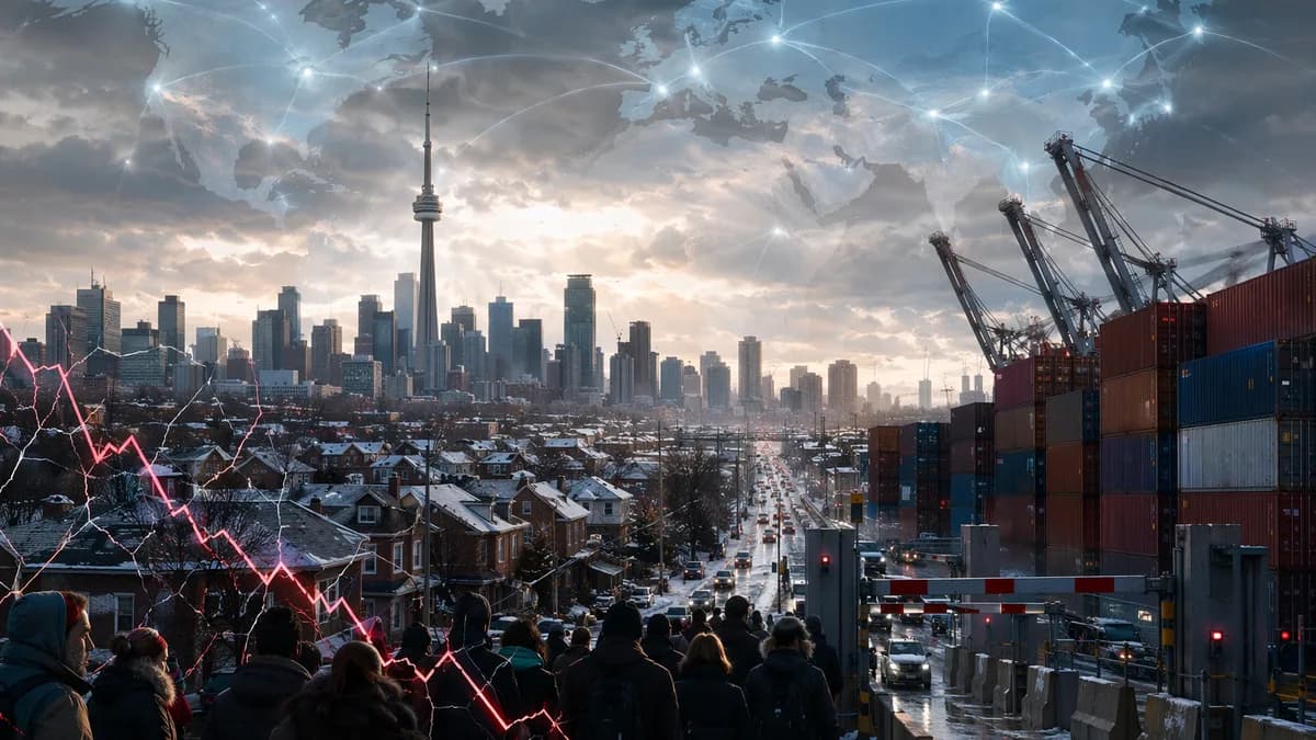 Canada economy under strain with homes, port trade, skyline, and global connections on a world map.