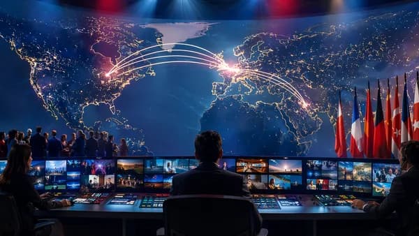 Illuminated world map linking Canada and Europe in a modern broadcast setting