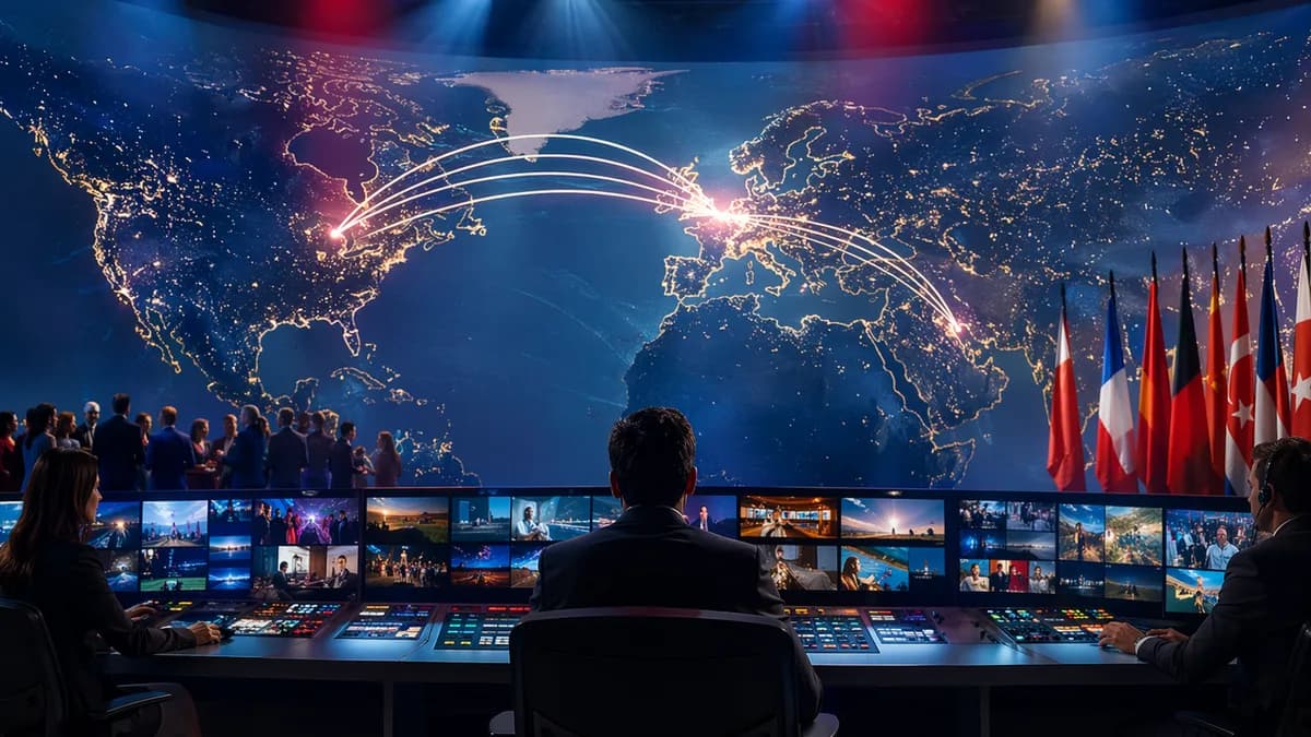 Illuminated world map linking Canada and Europe in a modern broadcast setting