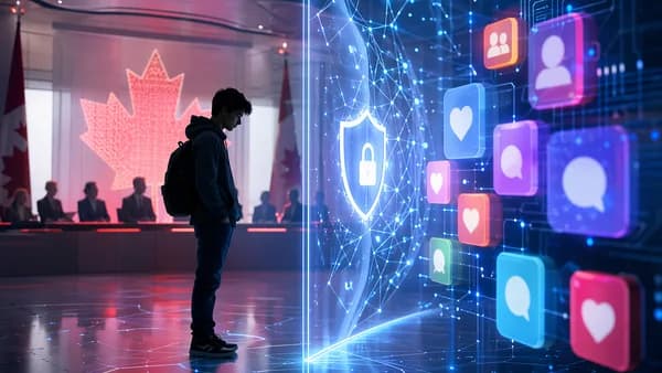 Teen behind a digital safety barrier in a futuristic tech workspace, suggesting social media regulation.