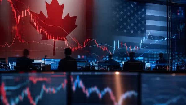 Trading desk with abstract charts and maple leaf tones showing CAD pressure against the US dollar