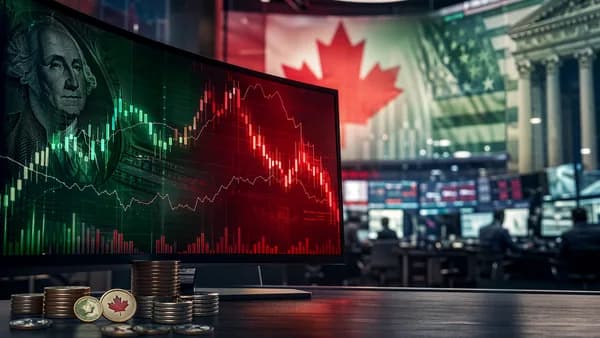 Trading floor with abstract USD/CAD charts and Canadian dollar momentum after US inflation data