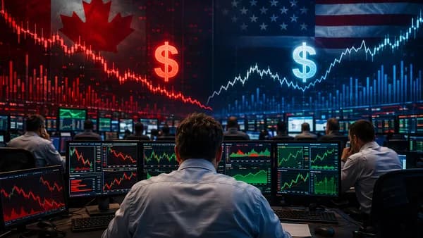 Trading floor visualizing Canadian dollar downside risk against the US dollar amid cautious central bank policy.