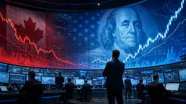 Trading floor showing forex market volatility as the Canadian Dollar weakens against a stronger US Dollar.