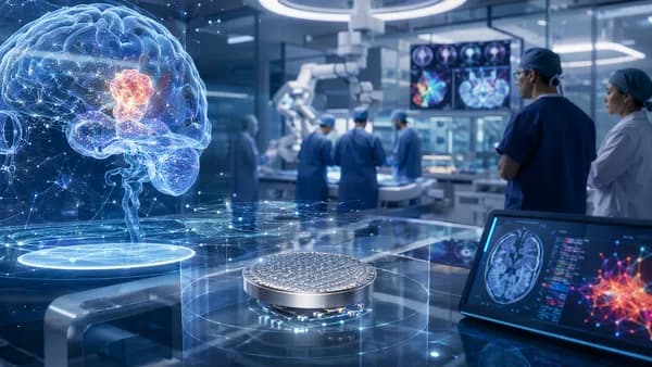 Futuristic lab scene showing a tiny brain implant and holographic brain scan for cancer monitoring.