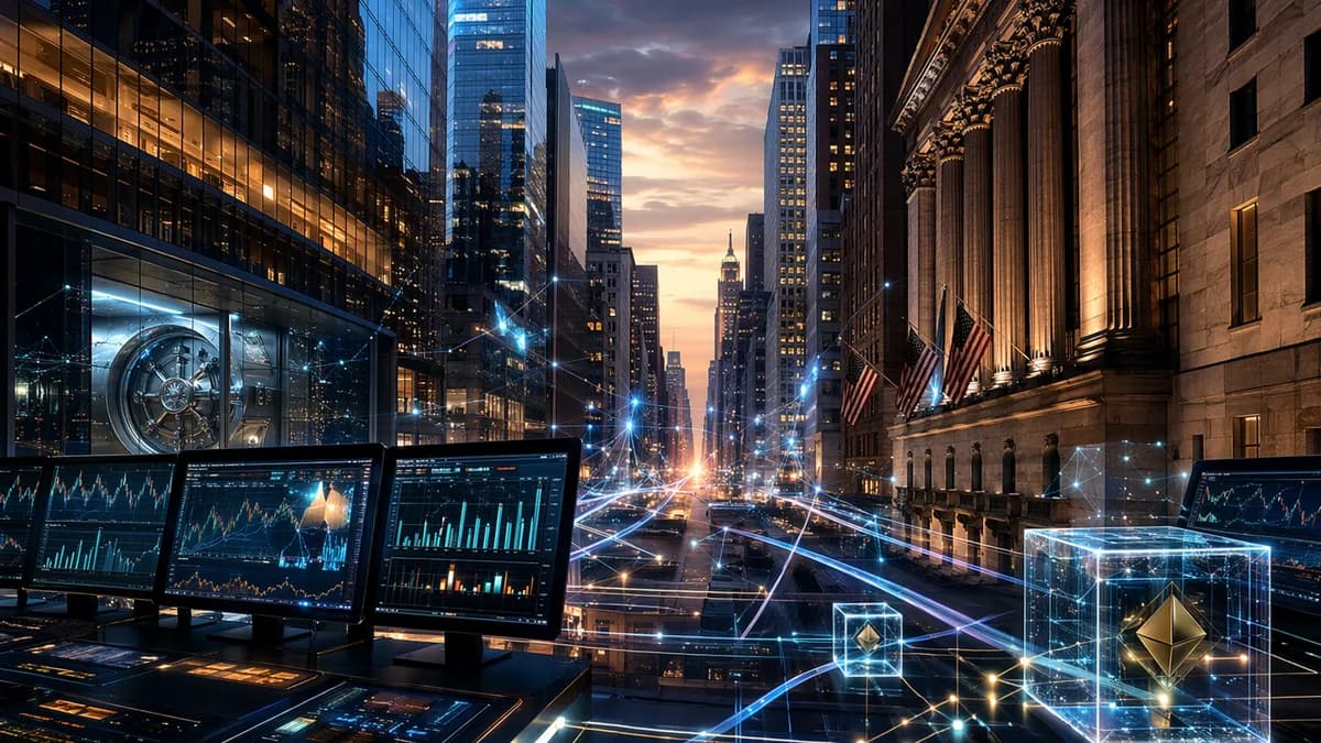 Wall Street skyline connected by glowing blockchain rails for regulated digital finance