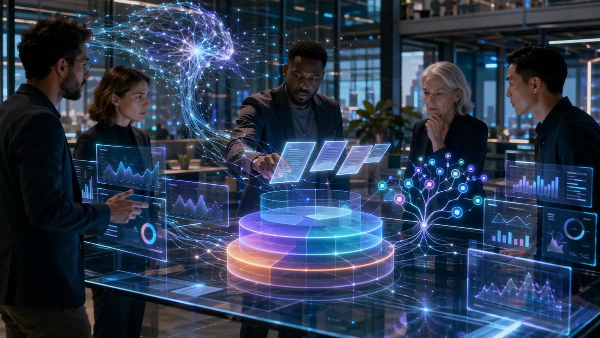 Startup team studies abstract cap table software dashboards in a futuristic tech workspace.