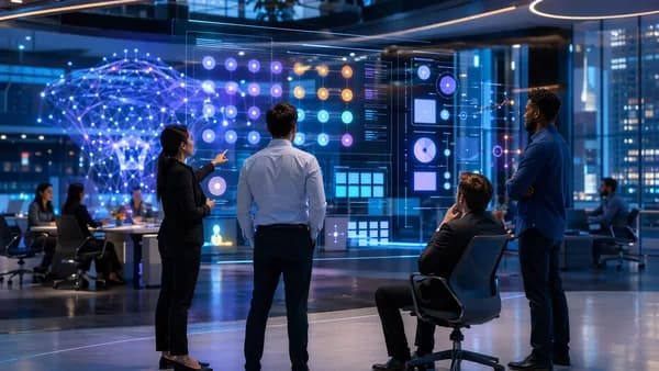Founders review abstract startup equity dashboards in a futuristic tech workspace.