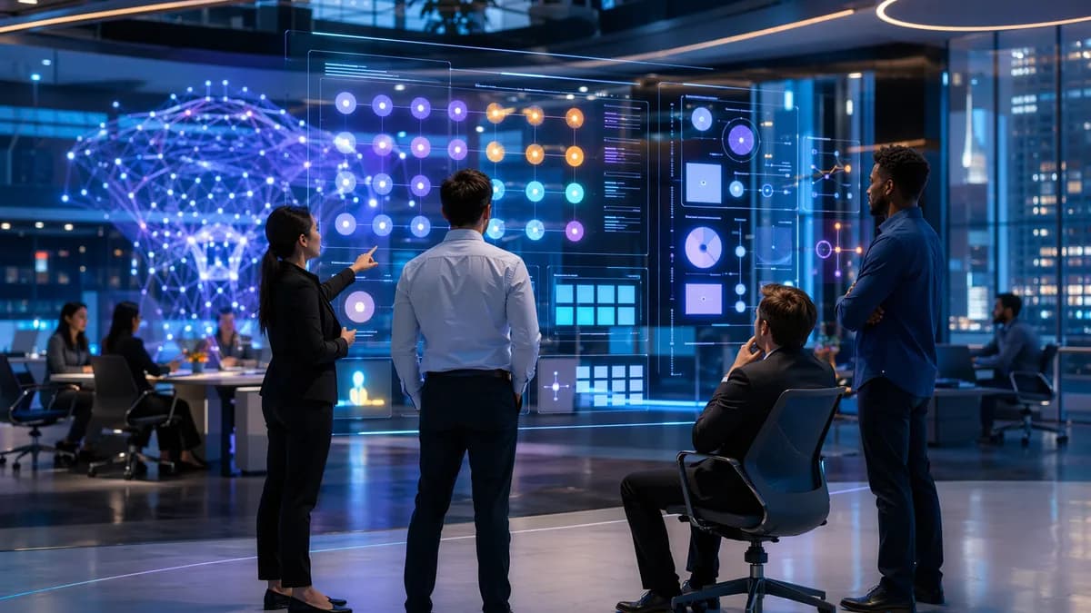 Founders review abstract startup equity dashboards in a futuristic tech workspace.
